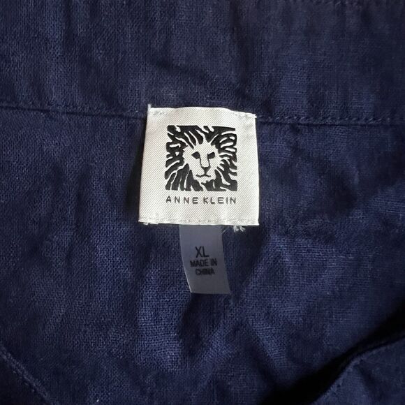 Anne Klein Blouse Button Front Tie Bottom Linen Blend Navy W/ Gold Buttons XL - Picture 3 of 8